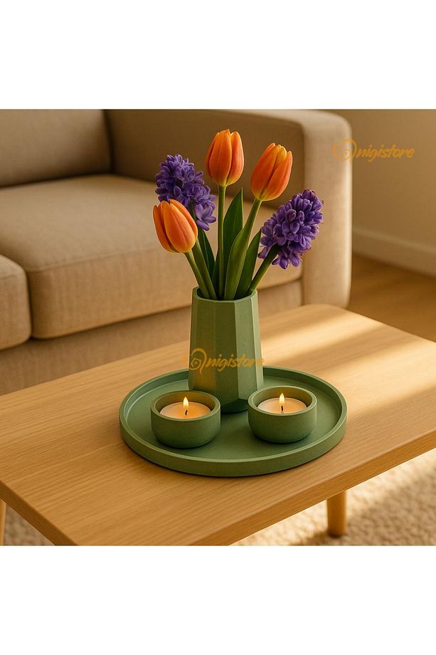 Dekoratif 4 Parça Yeşil Set - Tepsi, Vazo, Mum (ÇİÇEK DAHİL DEĞİLDİR) - 2