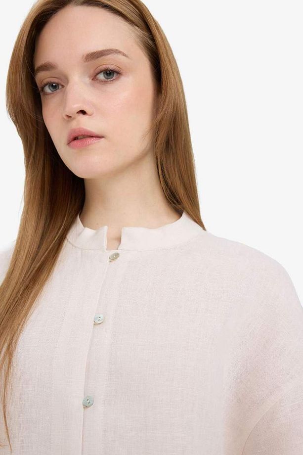 %100 Keten Regular Fit Bağcıklı Uzun Kollu Gömlek Tunik D4394ax25sm - 4