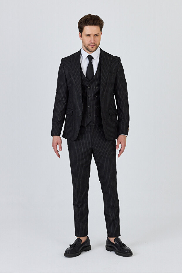 Ateca Men's Charcoal Black Italian Striped Jacket+Pants+Vest Slim Fit Suit