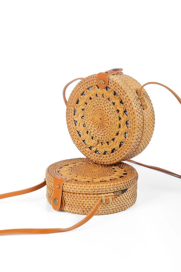 Daisy- Rattan El Yapımı Deri Askılı Hasır Yuvarlak Omuz Çantası - 3