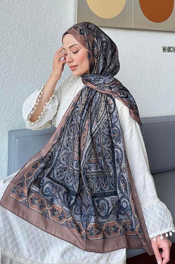 Retro Desen Pamuk Şal Camel Gri - 4