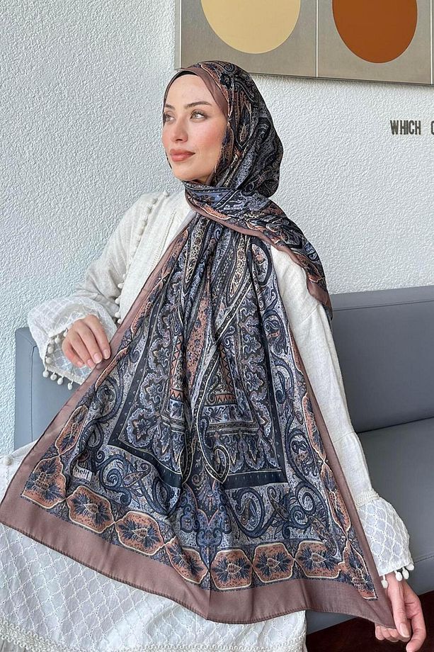 Retro Desen Pamuk Şal Camel Gri - 3