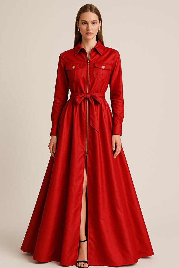 Önden Fermuarlı, Utility Cep Detaylı & Kuşaklı Maxi Tafta Elbise - 1