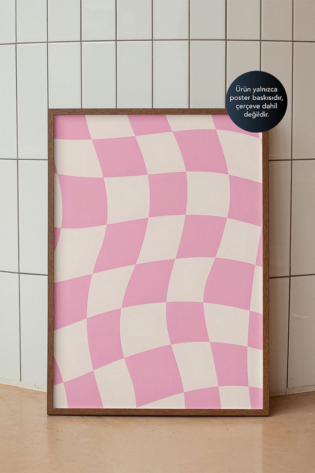 Açık Pembe Kavisli Kare Deseni - Dalgalı Satranç Modern Retro Minimalist Poster - Duvar Posteri - 1