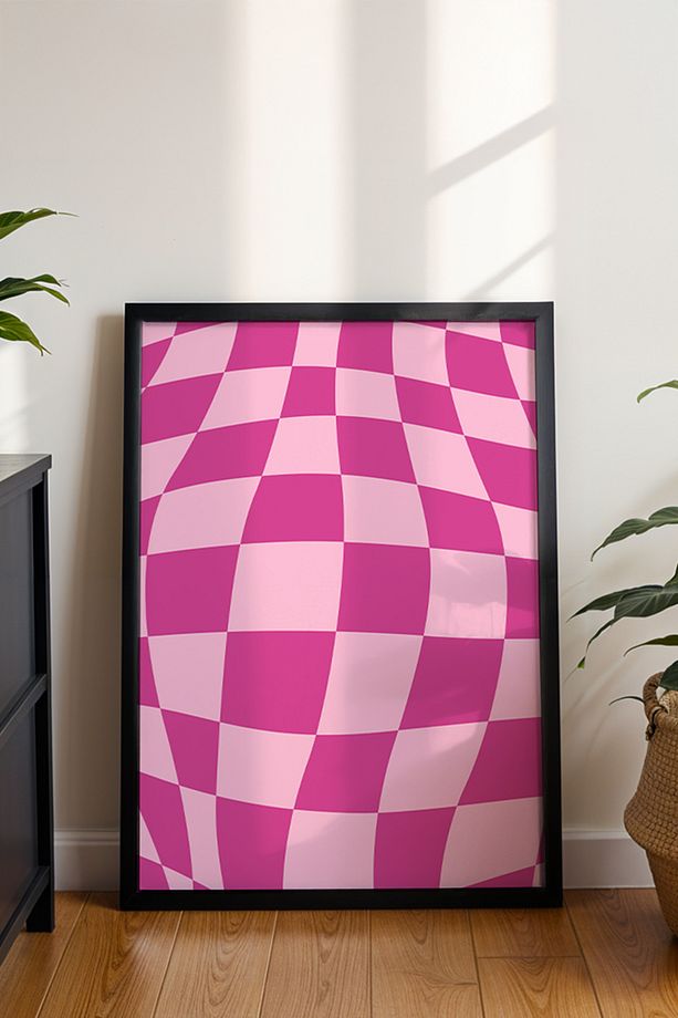 Pembe Kavisli Kare Deseni - Dalgalı Satranç Efektiyle Modern Retro Minimalist Poster - Duvar Posteri - 3