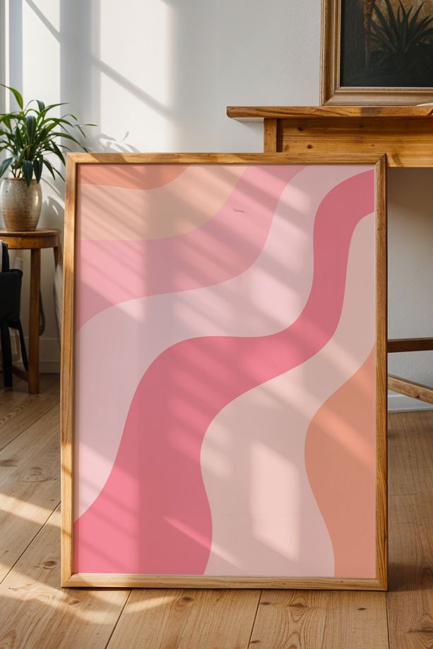 Pembe Turuncu Renkli Dalga Desen - Retro Modern Soyut Gradient Duvar Posteri - Çerçevesiz Baskı - 2