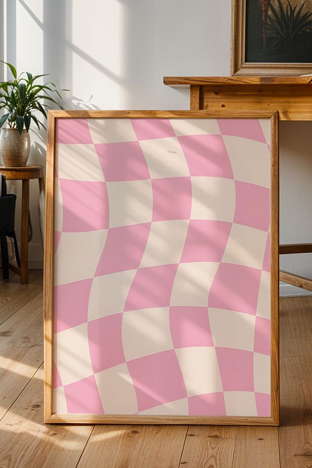 Açık Pembe Kavisli Kare Deseni - Dalgalı Satranç Modern Retro Minimalist Poster - Duvar Posteri - 2