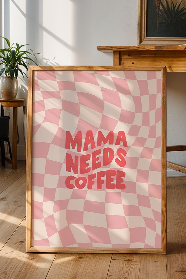 Needs Coffee Poster - Pembe Dalgalı Desenli Tipografi - Kahve Temalı Duvar Dekoru - Çerçevesiz Baskı - 2