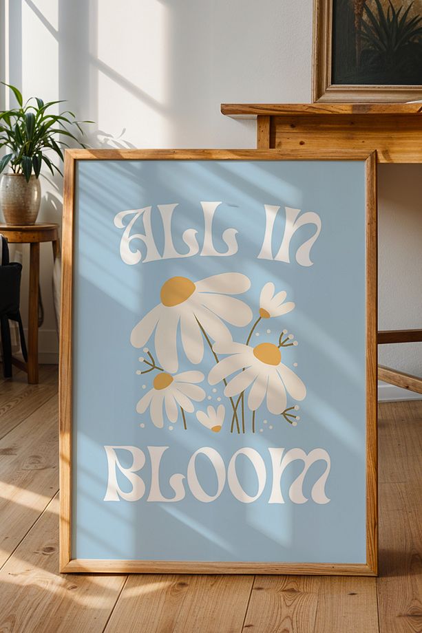 All in Bloom - Papatya Çiçek Duvar Posteri - Mavi Vintage Duvar Dekoru - Çerçevesiz Baskı - 2