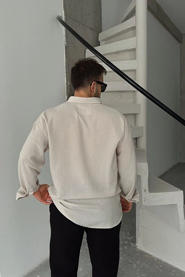 Bej Oversize Dokulu Gömlek - 6