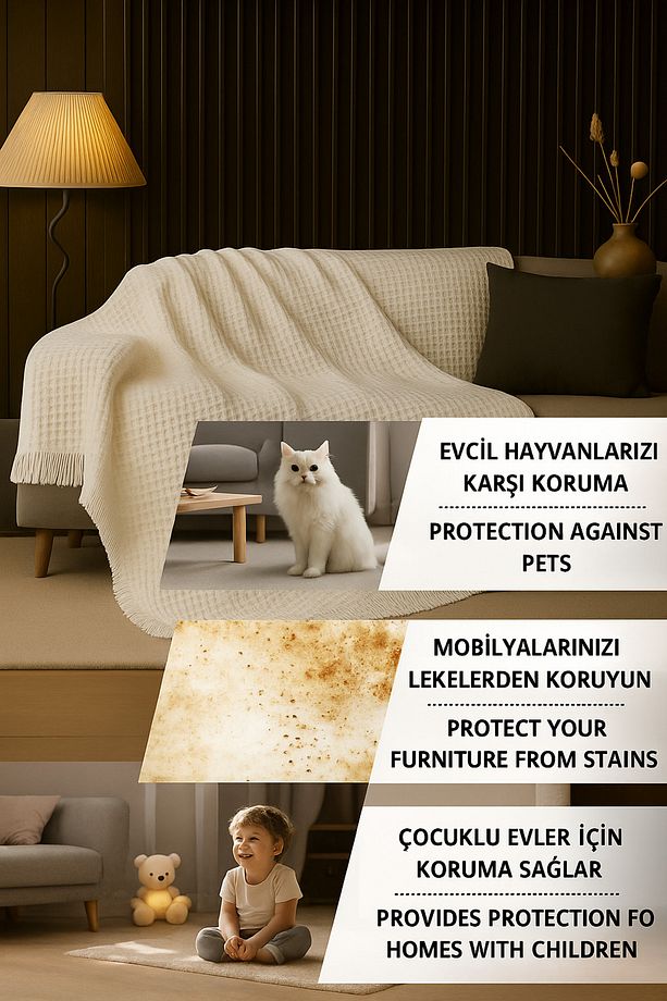 Pamuklu Dokulu Ekru Koltuk Şalı 170x220 cm – Saçaklı TV Battaniyesi & Dekoratif Koltuk Örtüsü - 7