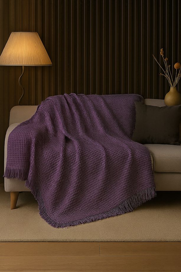 Pamuklu Dokulu Ekru Koltuk Şalı 170x220 cm – Saçaklı TV Battaniyesi & Dekoratif Koltuk Örtüsü - 1