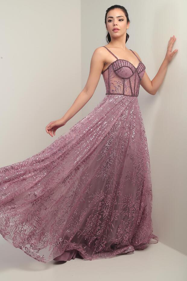 Women's Rope Strap Beading Detailed Sequin Embroidered Lined Long Evening Dress