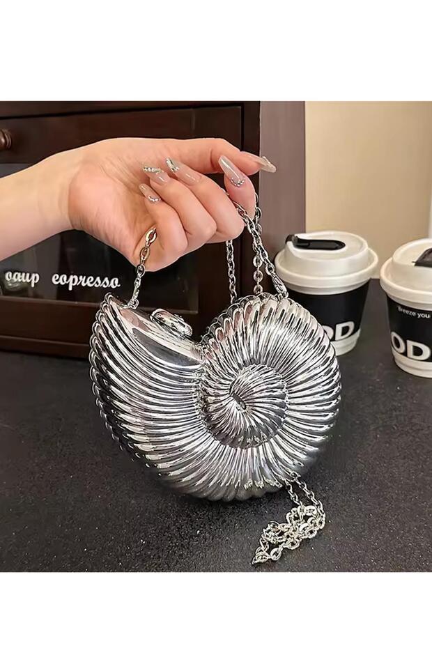 Silver Seashell Patterned Evening Dress Bag - 4