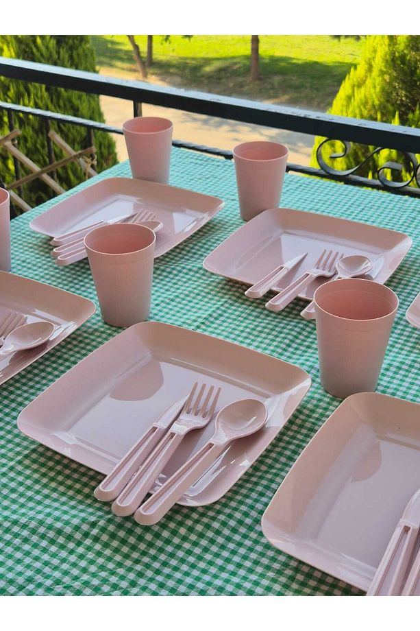 Piknik Seti 6 Kişilik 32 Parça Pembe 6 Adet Tabak 6 Adet Bardak 6 Adet Kaşık-çatal-bıçak - 6