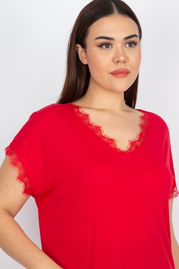 Women's Large Size Red Lace Detailed Viscose Blouse 65n13235 - 4