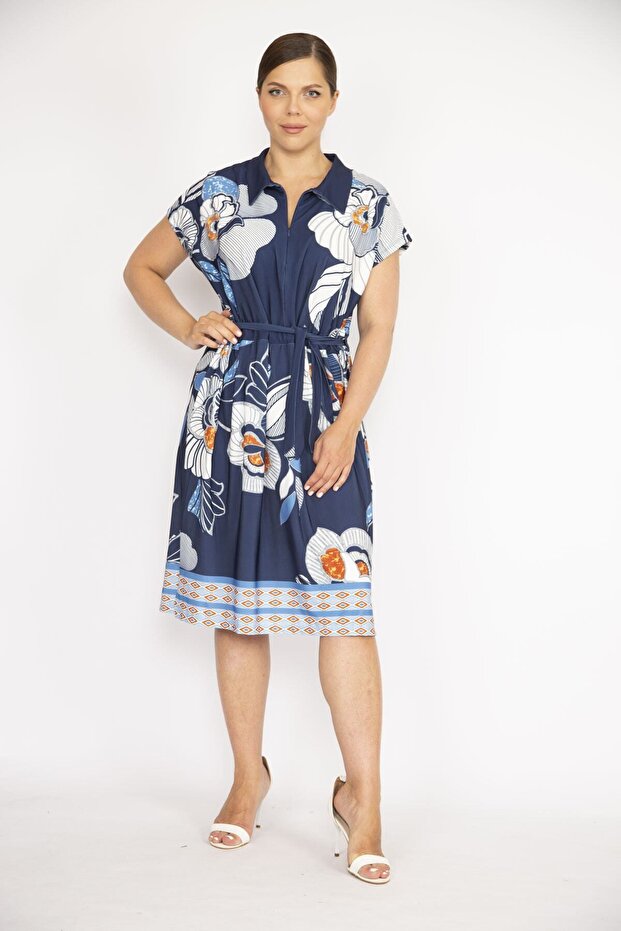 Women's Navy Blue Large Size Collar Front Placket Zippered Waist Belted Dress 65n36570