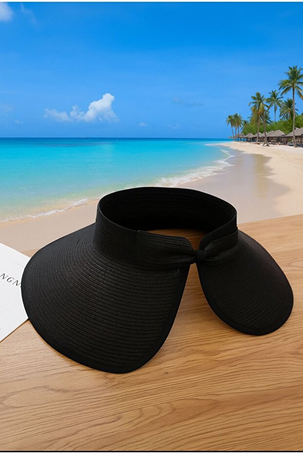 14624 Black Wide Open Top Straw Visor Hat with Bow - 4