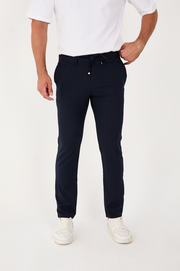 Men's Jogger Pants Slim Fit Waist Half Elastic Lycra Navy Blue Fabric Trousers