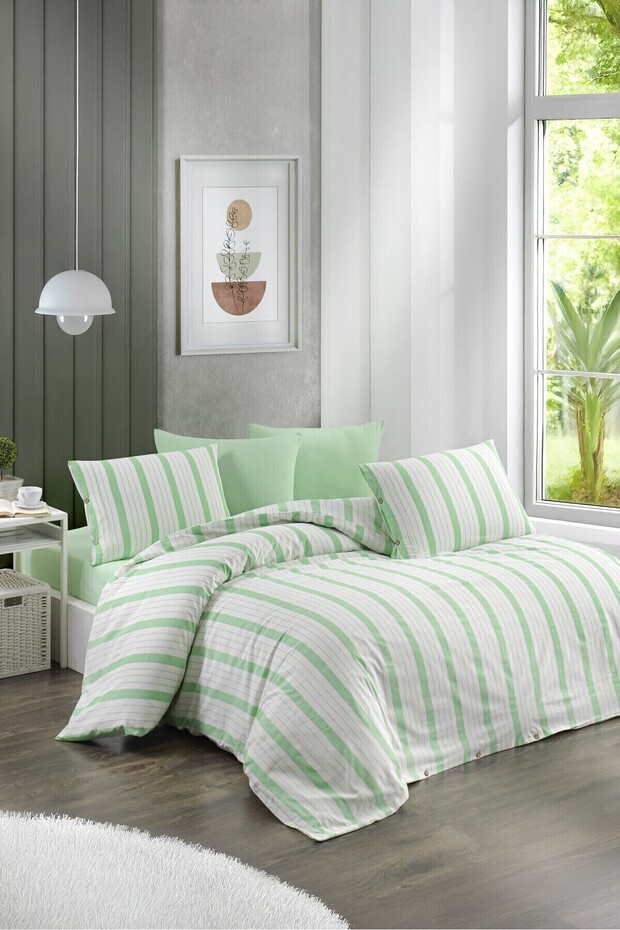 Single Duvet Cover Set with Elastic Fitted Sheet Natural Green