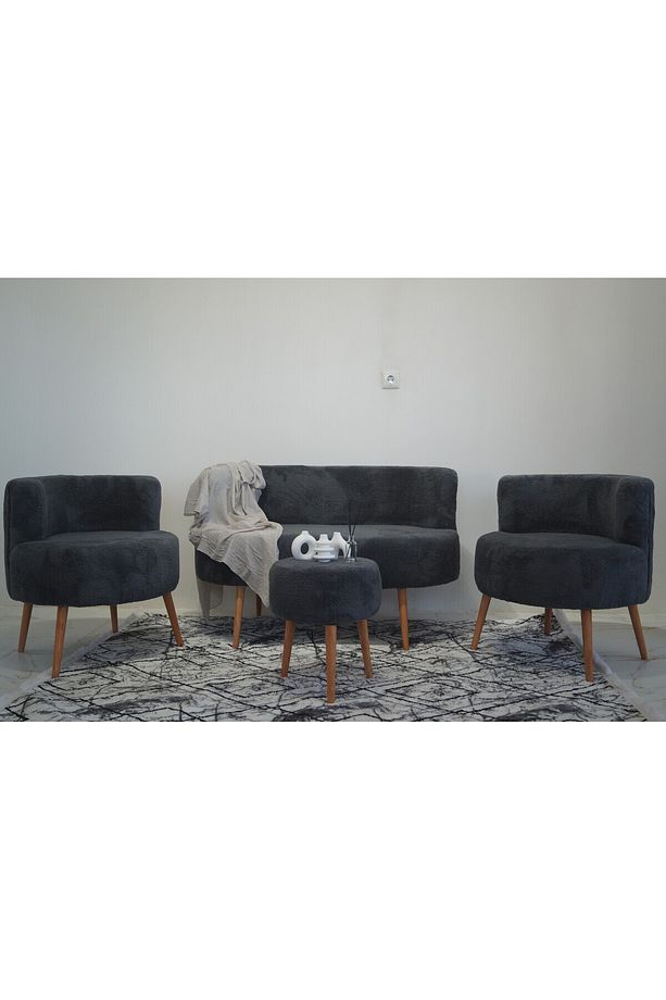 Antrasit Çay Seti Ikili Koltuk Berjer Ve Çift Kişilik Puf (SALON, BALKON, OFİS) 4'lü Takım - 1