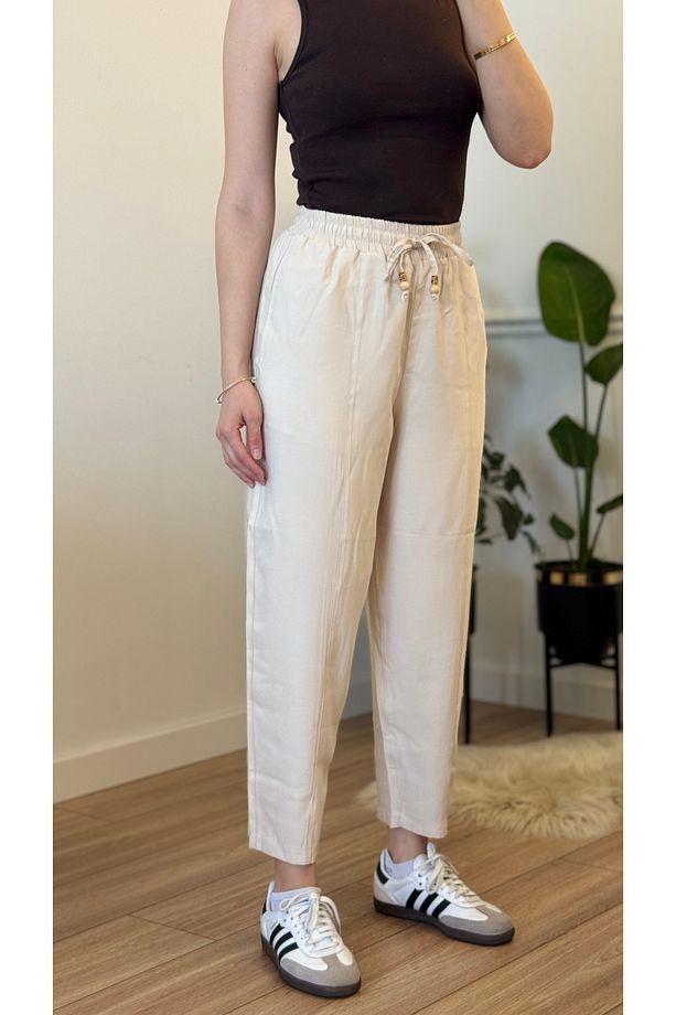 Yazlık Bej Pantolon - Yüksek Bel, Bağcıklı, Günlük Konfor Jogger - 6