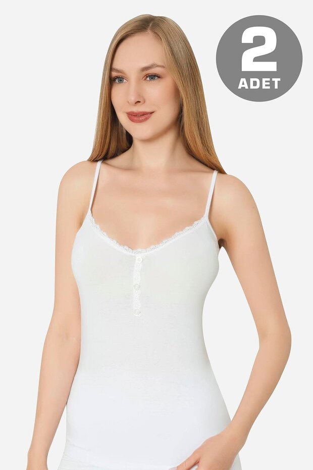 White Women's Buttoned Tank Top with String Straps, Pack of 2, Cotton Lycra