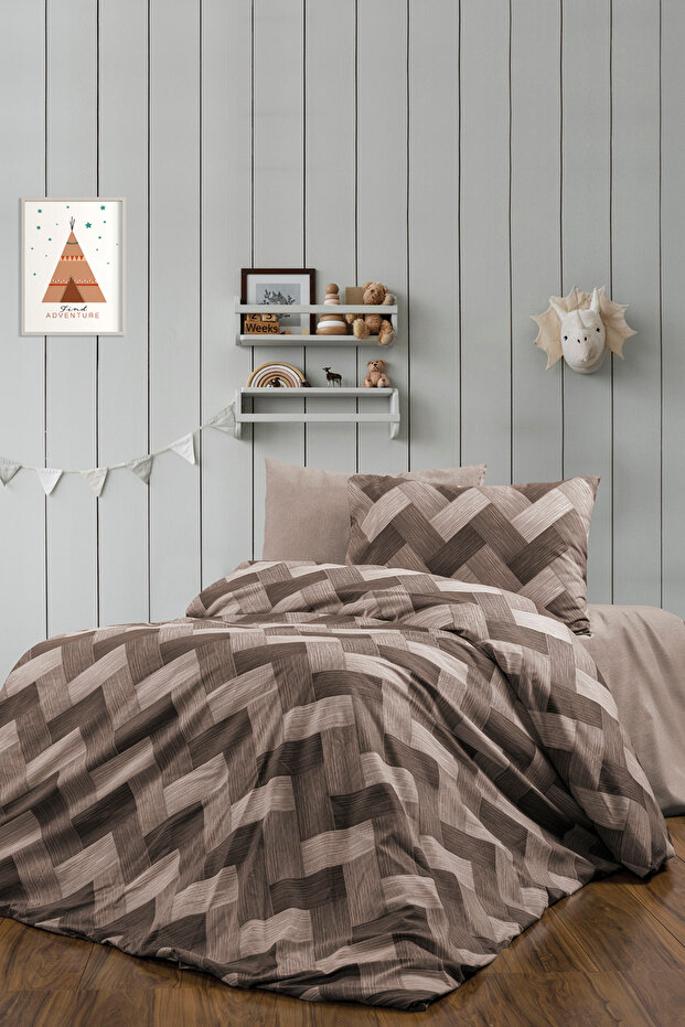 Single Sheet Elastic Cotton Zigzag Brown Duvet Cover Set with 2 Pillowcases (Gift)