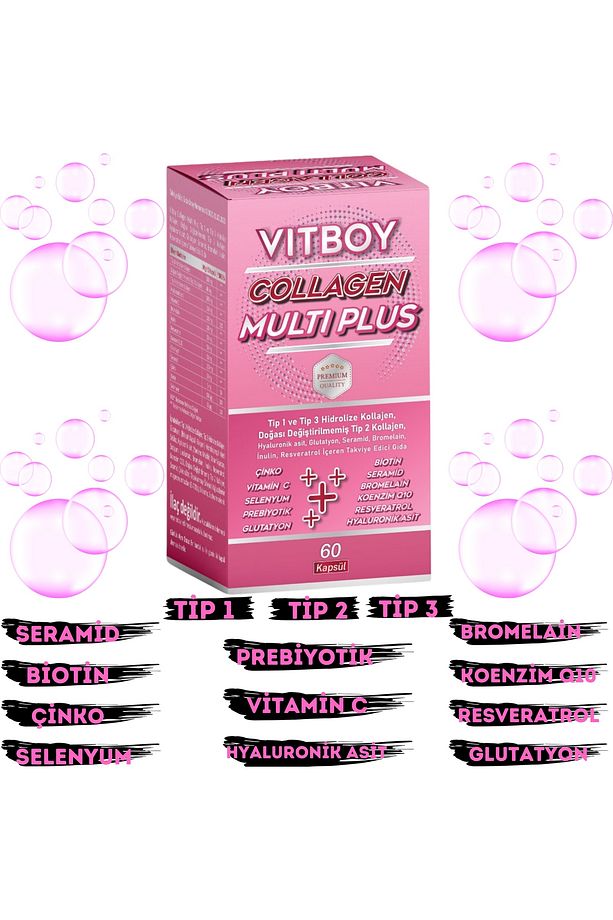 Hidrolize Kolajen Multi Plus Tip 1,2,3 Prebiyotik,bromelain,glutatyon,seramid,çinko,biotin 60 Kapsül - 9