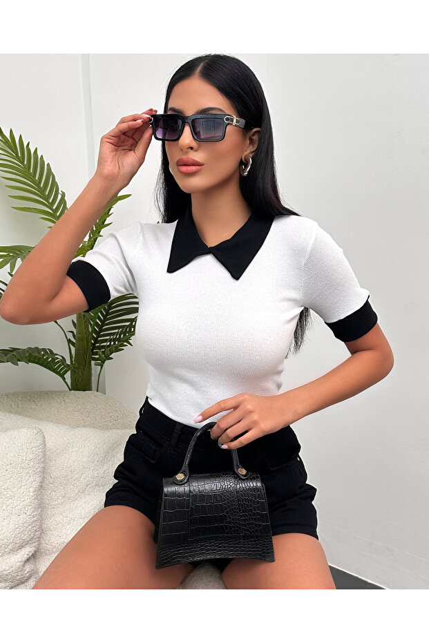 Kadın Beyaz Polo Yaka Fitilli Örme Bluz - 4