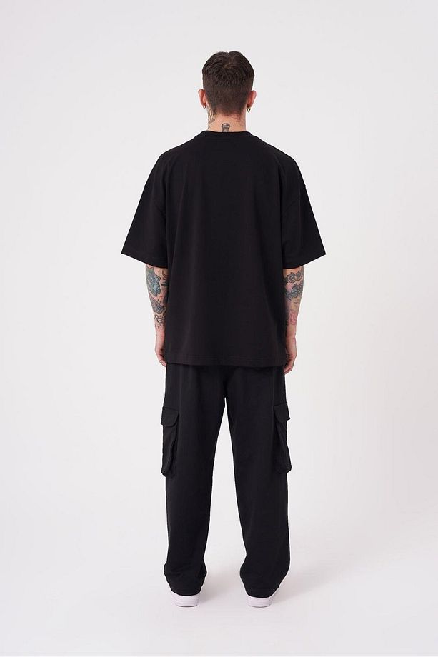 Erkek Flower Patch Baskılı Oversize Siyah Tişört - 4