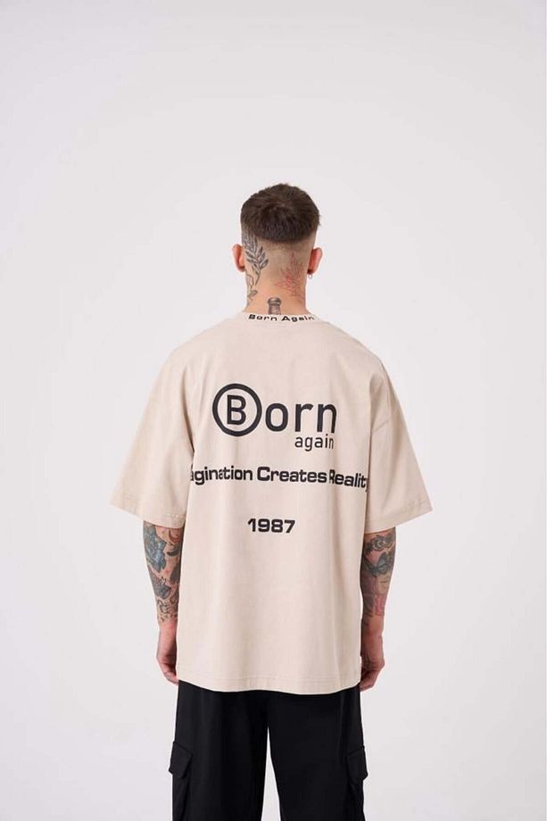 Erkek Imagination Creates Baskılı Oversize Açık Bej Tişört - 3