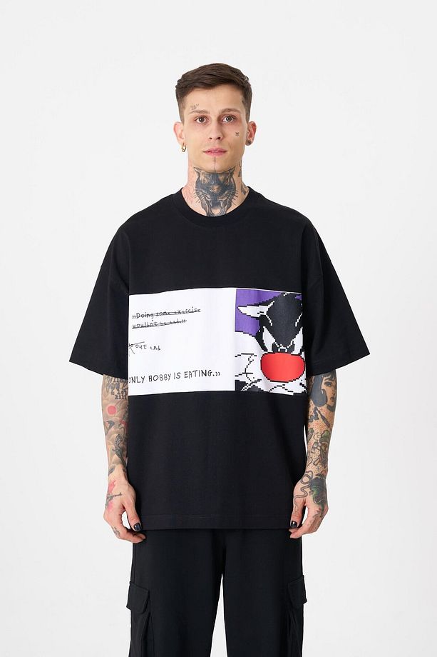Erkek Sylvester Baskılı Oversize Siyah Tişört - 1