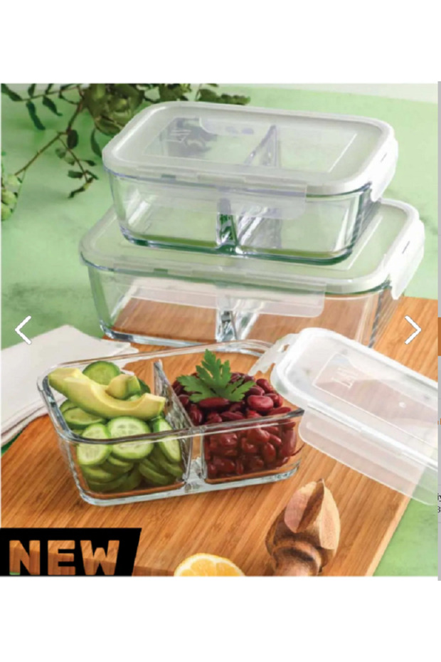 Feyzade Fresco Two-Compartment Lockable Glass Storage Container Set of 3 with White Lid (1700Cc-1120Cc-720Cc)