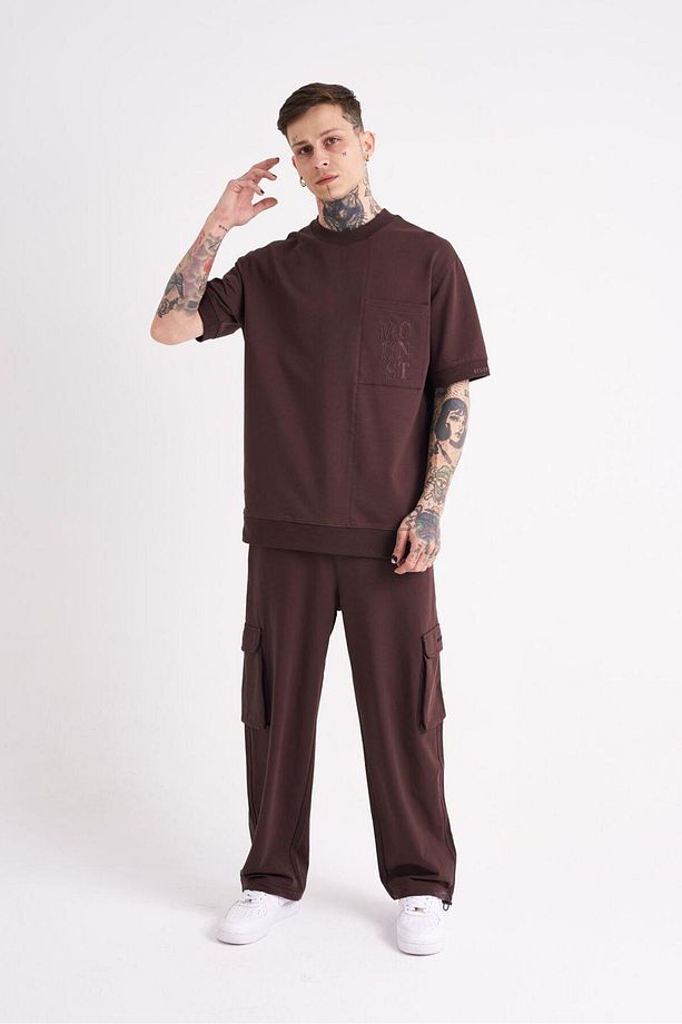 Erkek Mchnst Design Basic Oversize Kahverengi Tişört - 3
