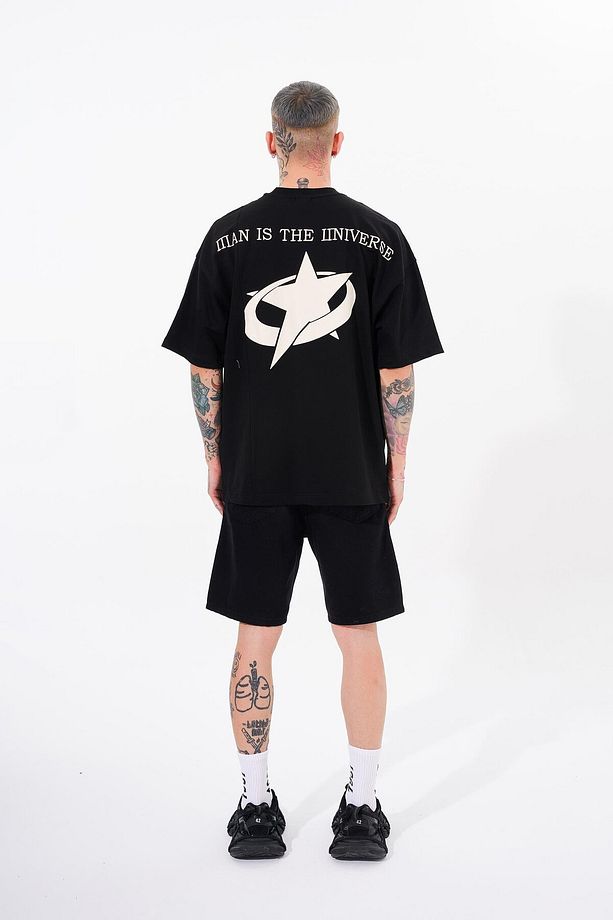Erkek Ripped Technical Nakışlı Oversize Siyah Tişört - 6