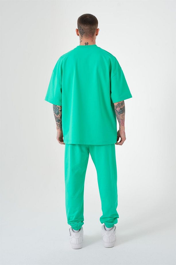 Erkek Basic Pamuklu Oversize Yeşil Tişört - 4