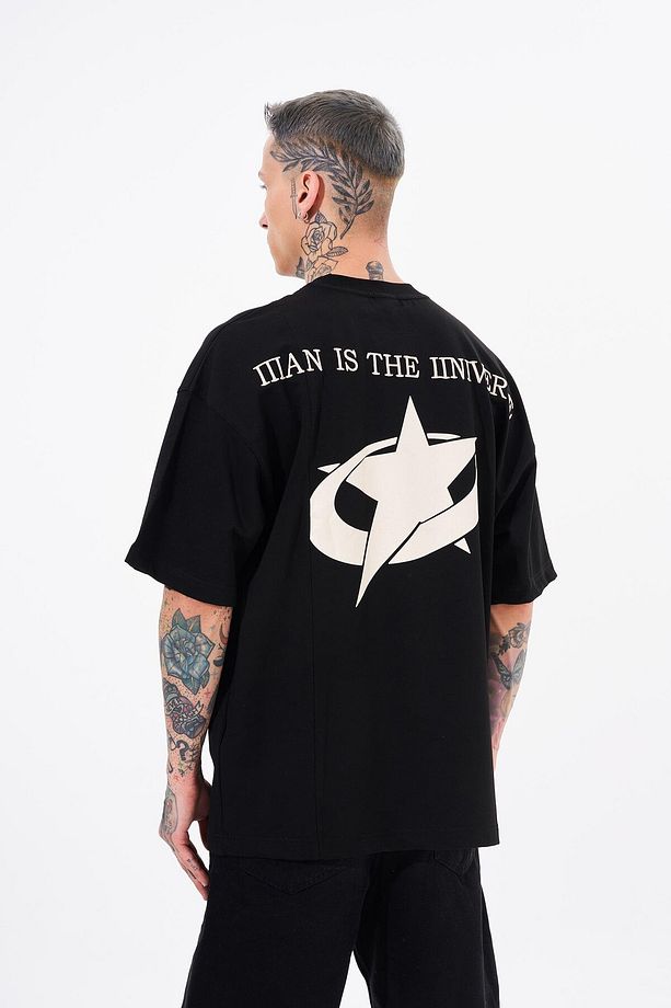 Erkek Ripped Technical Nakışlı Oversize Siyah Tişört - 1
