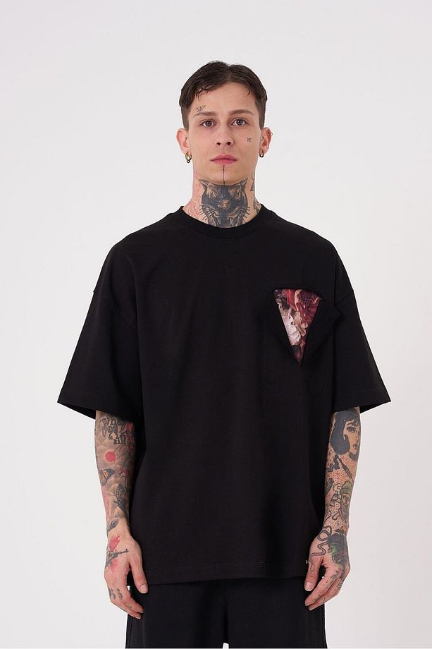 Erkek Flower Patch Baskılı Oversize Siyah Tişört - 1