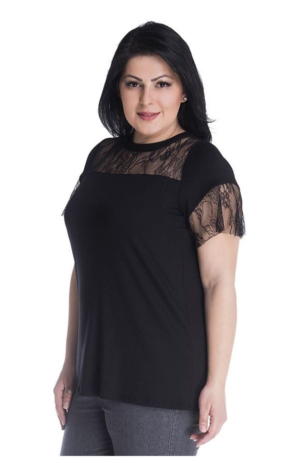 Önü Ve Kolları Dantel Detaylı Tişört - 2