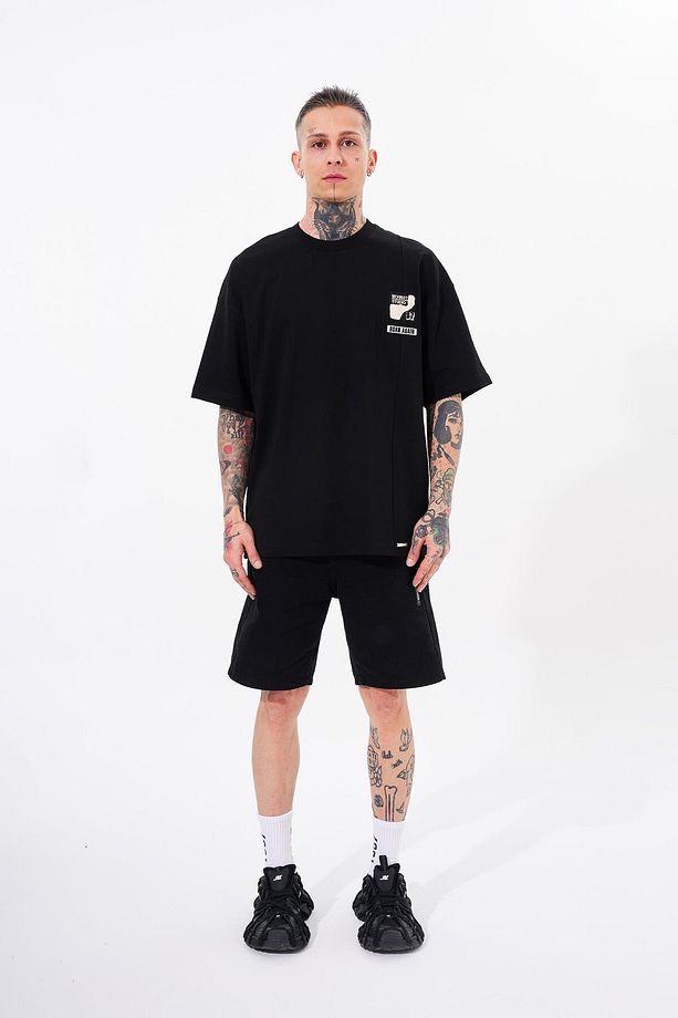 Erkek Ripped Technical Nakışlı Oversize Siyah Tişört - 5