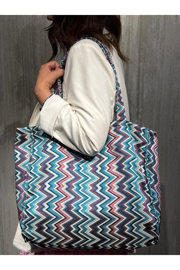 Mavi Zigzag Desenli Plaj Çantası - 2