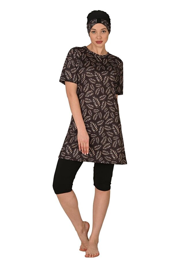 Semi Covered Large Size Short Sleeve Hijab Swimsuit - 3454