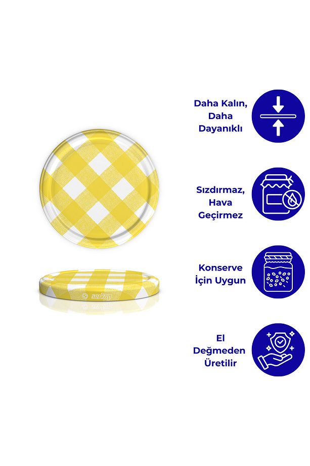Hijyenik Paketli 10 adet Kavanoz Kapağı – Mat Sarı Ekose – 82 mm - 3