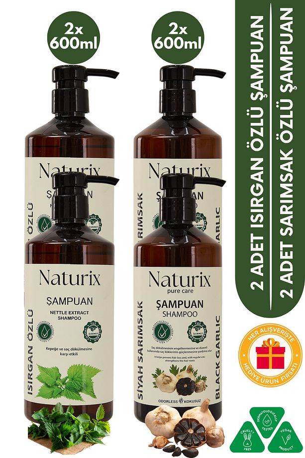 Kepeğe Karşı Süfatsız Isırgan Otu Özlü Şampuan 2x600ml & Siyah Sarımsak Şampuan Seti 2x600ml - 1