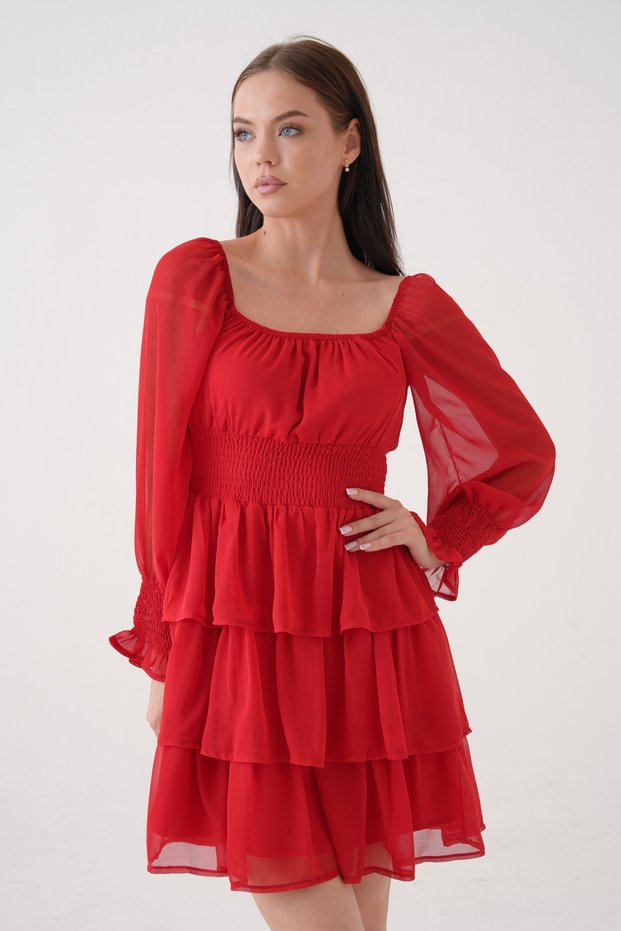 Skirt Floor Detail Waist Elastic Lined Chiffon Fabric Red Dress 078