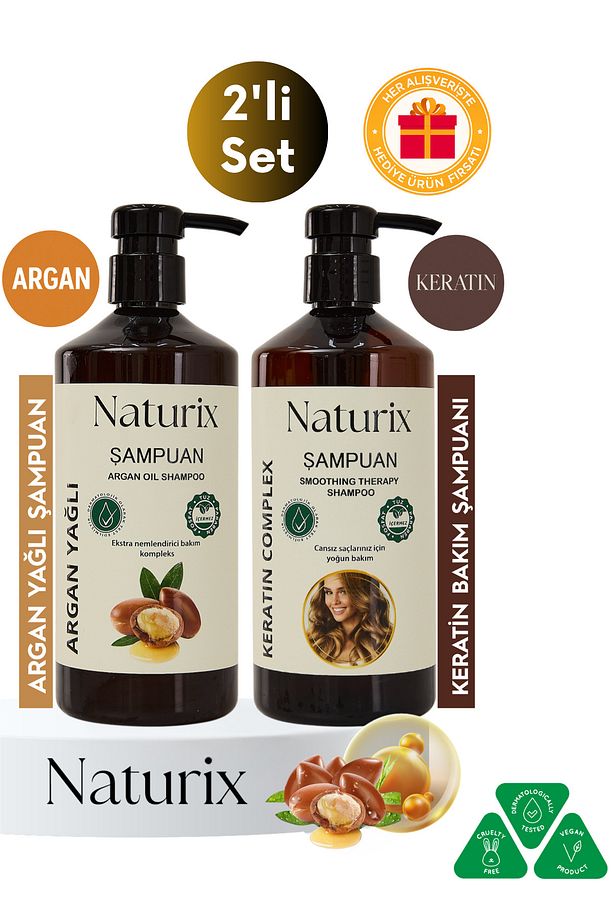 2'li Tuzsuz Argan Yağlı Şampuan + Keratin Şampuan 600 Ml Bitkisel Şampuan Paraben Içermez - 1