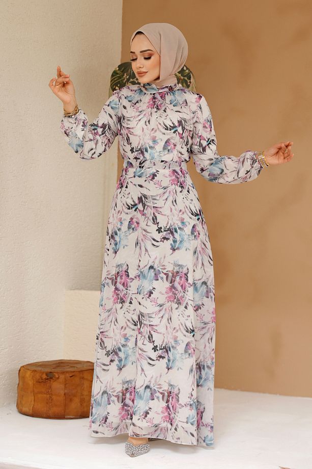 Çiçek Desenli Ekru Tesettür Elbise 27973e - 1