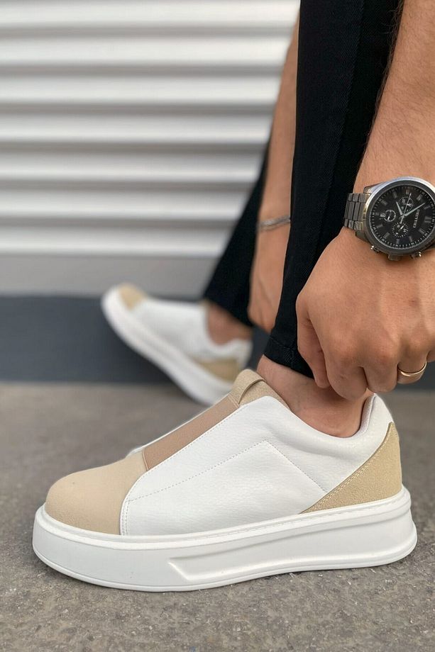 Yüksek Taban Bantlı Süet Krem Casual Sneaker Tarz Erkek Ayakkabı - 1