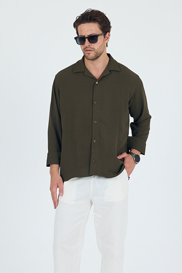 Linen Textured Oversized Men's Shirt Khaki